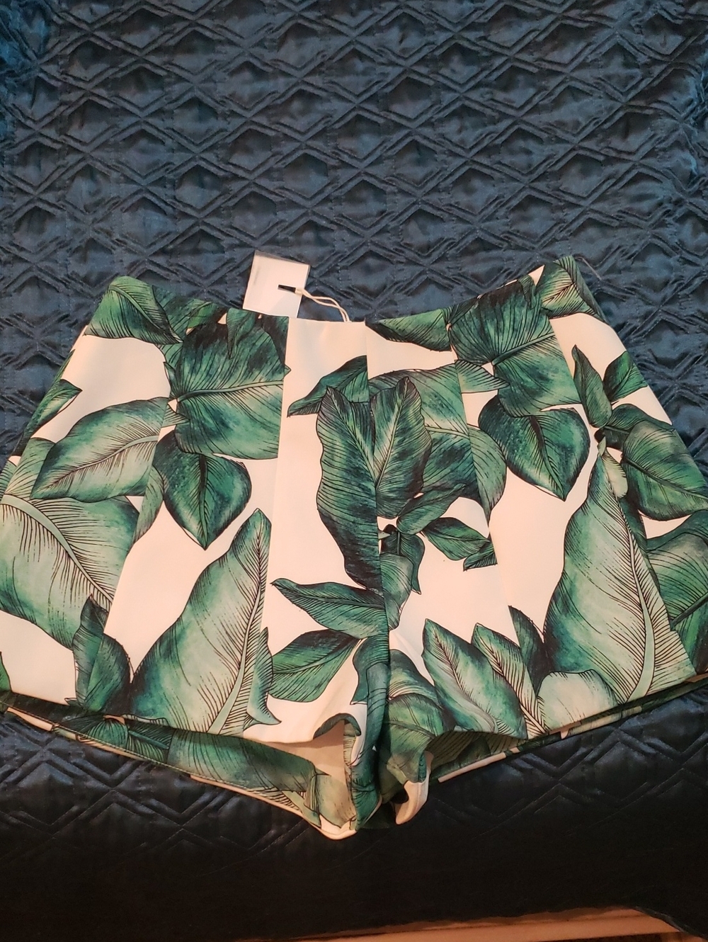 C/MEO Collective White High-Waist Shorts with Green Tropical Leaf Print